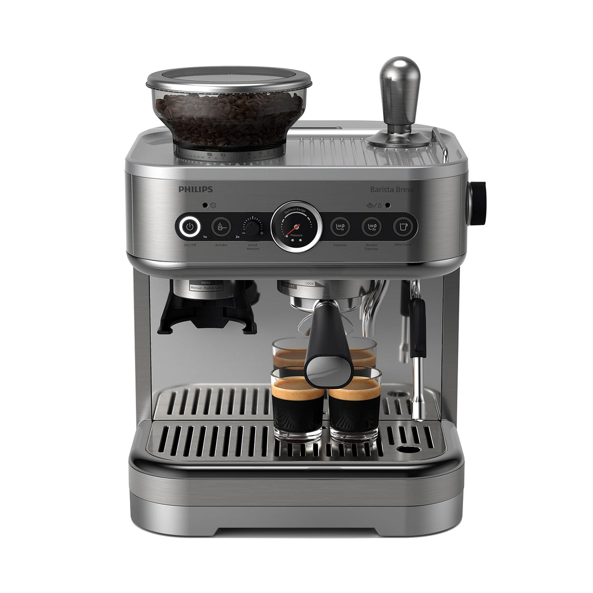 PHILIPS Barista Brew Semi Automatic Espresso Machine - Single & Double Espresso + Americano Button, 250g Bean Container, Intuitive Guidance, Calibrated Tamping, Metal Silver (PSA3218/01)