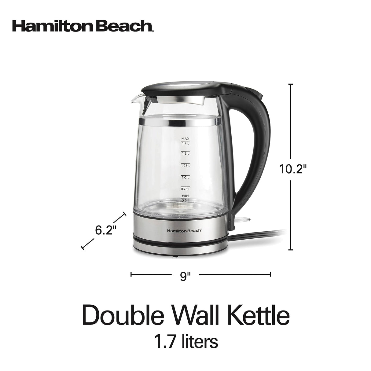 Hamilton Beach Double Wall 1.7L Electric Tea Kettle, Water Boiler & Heater, Built-In Mesh Filter, Auto-Shutoff & Boil-Dry Protection, Cordless Serving, Variable LED Indicator, Glass (40850)