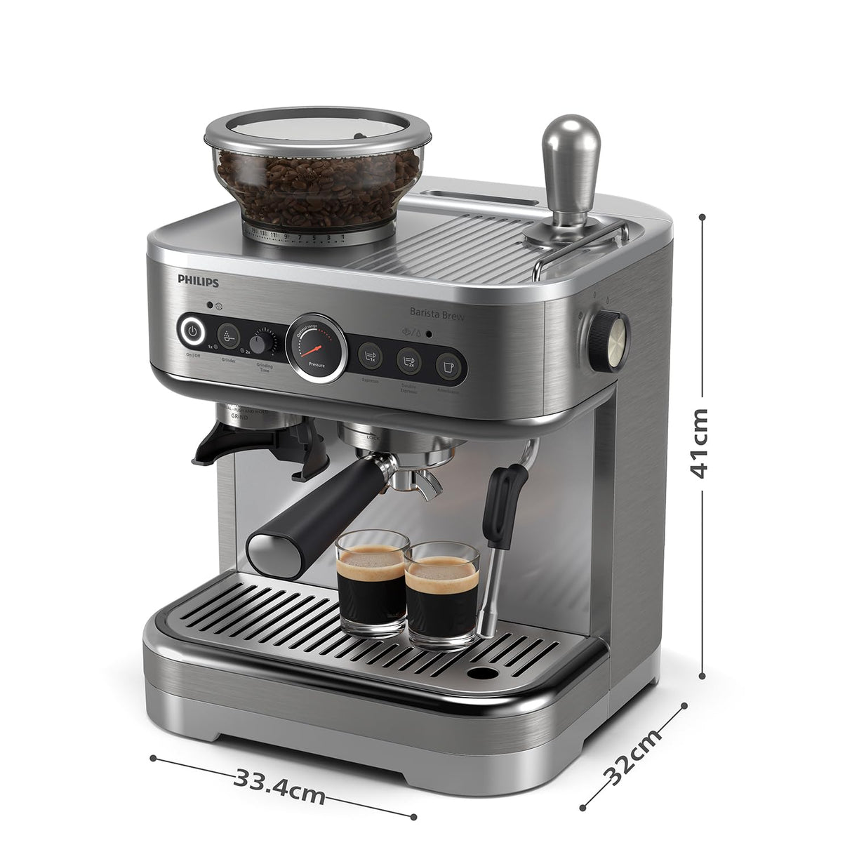 PHILIPS Barista Brew Semi Automatic Espresso Machine - Single & Double Espresso + Americano Button, 250g Bean Container, Intuitive Guidance, Calibrated Tamping, Metal Silver (PSA3218/01)