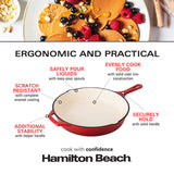 Hamilton Beach Enameled Cast Iron Fry Pan 12-Inch Red, Cream Enamel Coating, Skillet Pan for Stove Top and Oven