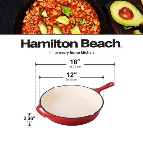 Hamilton Beach Enameled Cast Iron Fry Pan 12-Inch Red, Cream Enamel Coating, Skillet Pan for Stove Top and Oven