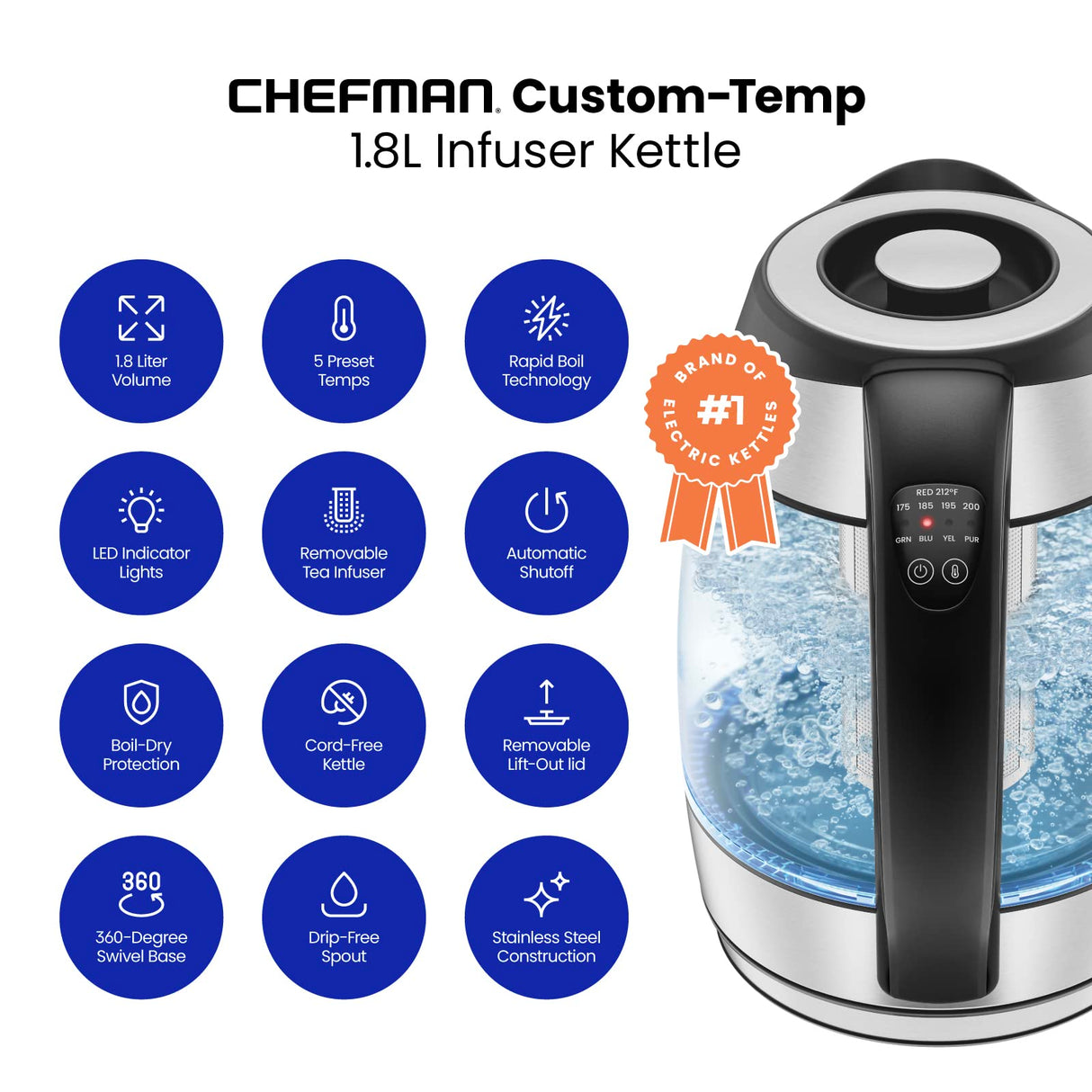 Chefman Electric Kettle with Temperature Control, 5 Presets LED Indicator Lights, Removable Tea Infuser, Glass Tea Kettle & Hot Water Boiler, 360° Swivel Base, BPA Free, Stainless Steel, 1.8 Liters