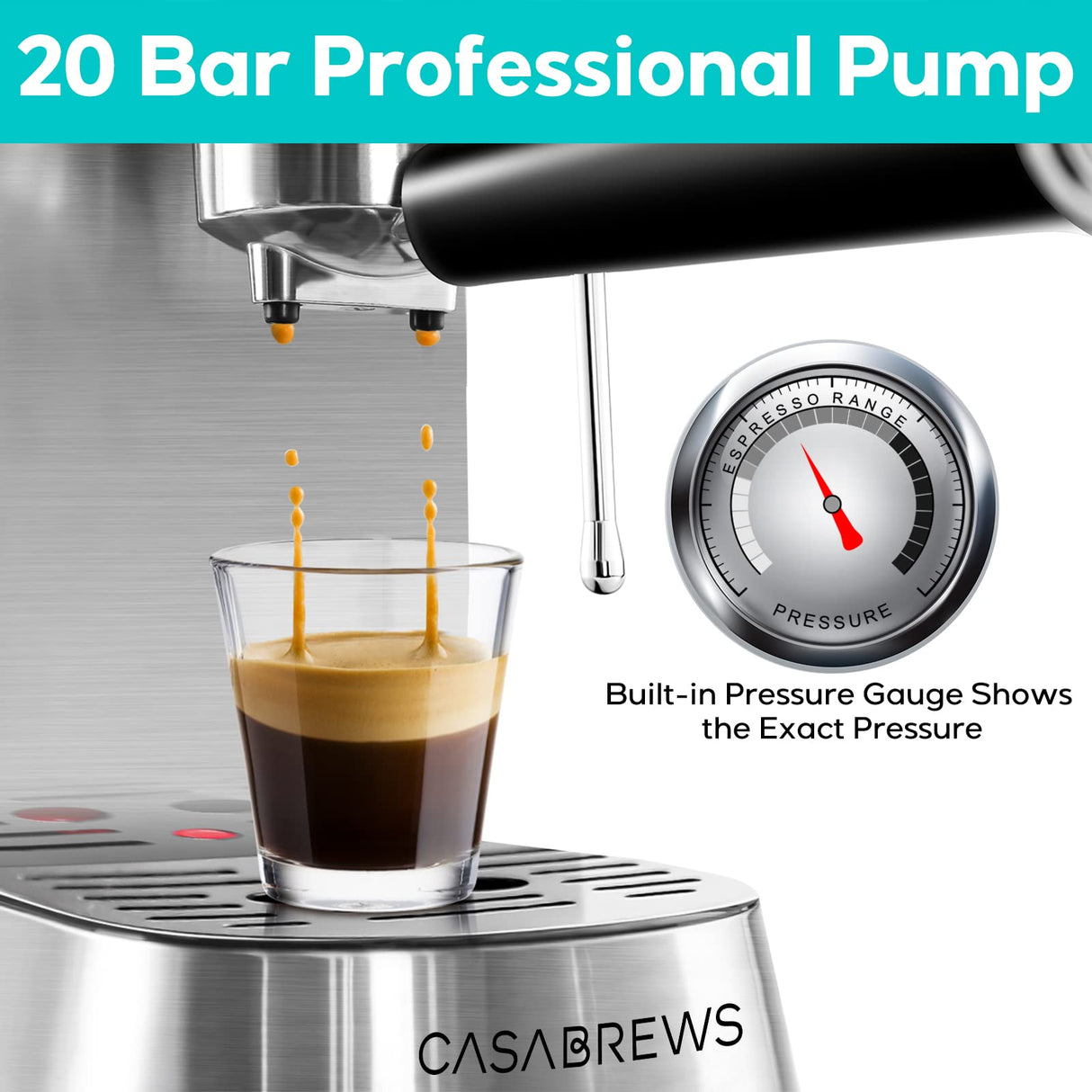 CASABREWS Espresso Machine 20 Bar, Professional Espresso Maker with Milk Frother Steam Wand, Compact Coffee Machine with 34oz Removable Water Tank for Cappuccino, Latte, Gift for Dad or Mom