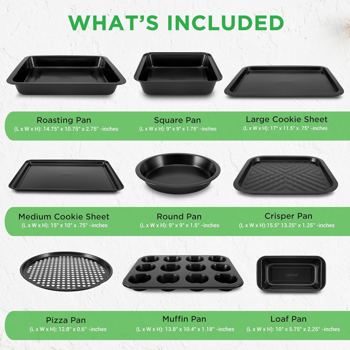 NutriChef 10-Piece Non-Stick Baking Pans Set - Deluxe Carbon Steel Bakeware Set w/ Cookie Sheets, Muffin Pan, Roasting Pan, Cake Pan, Baking Tray, Pizza Pan - Easy to Clean, Black
