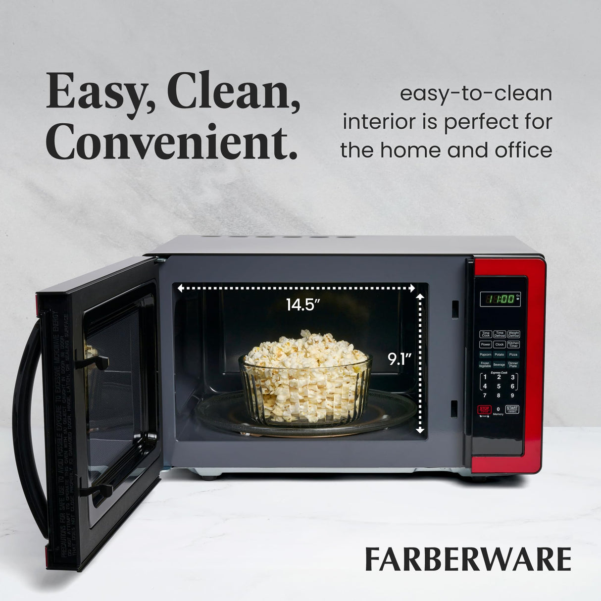 Farberware Countertop Microwave 1000 Watts, 1.1 cu ft - Microwave Oven With LED Lighting and Child Lock - Perfect for Apartments and Dorms - Easy Clean Metallic Red