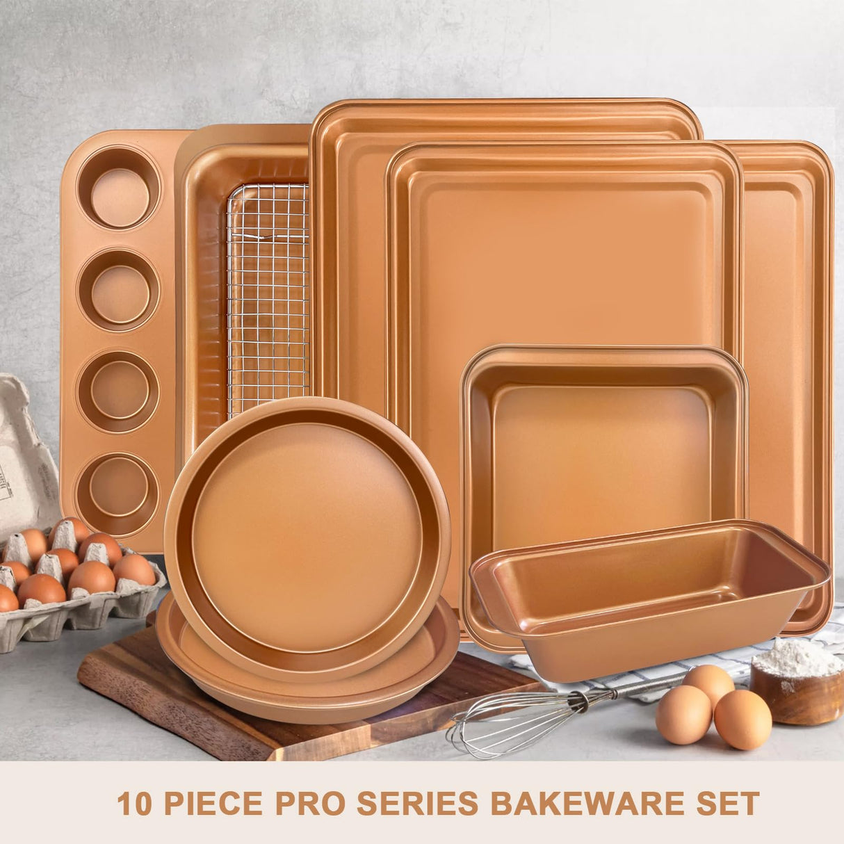 RavisingRidge Baking Pans Set with Nonstick Coating, Professional 10 Pcs Including Cake Pans, Cookie Sheets, Roasting Pan, and Cooling Rack - 0.8mm Thick, Dishwasher Safe, and Heavy Duty