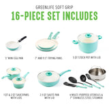 GreenLife Soft Grip Healthy Ceramic Nonstick 16 Piece Kitchen Cookware Pots and Frying Sauce Saute Pans Set, PFAS-Free with Kitchen Utensils and Lid, Dishwasher Safe, Turquoise