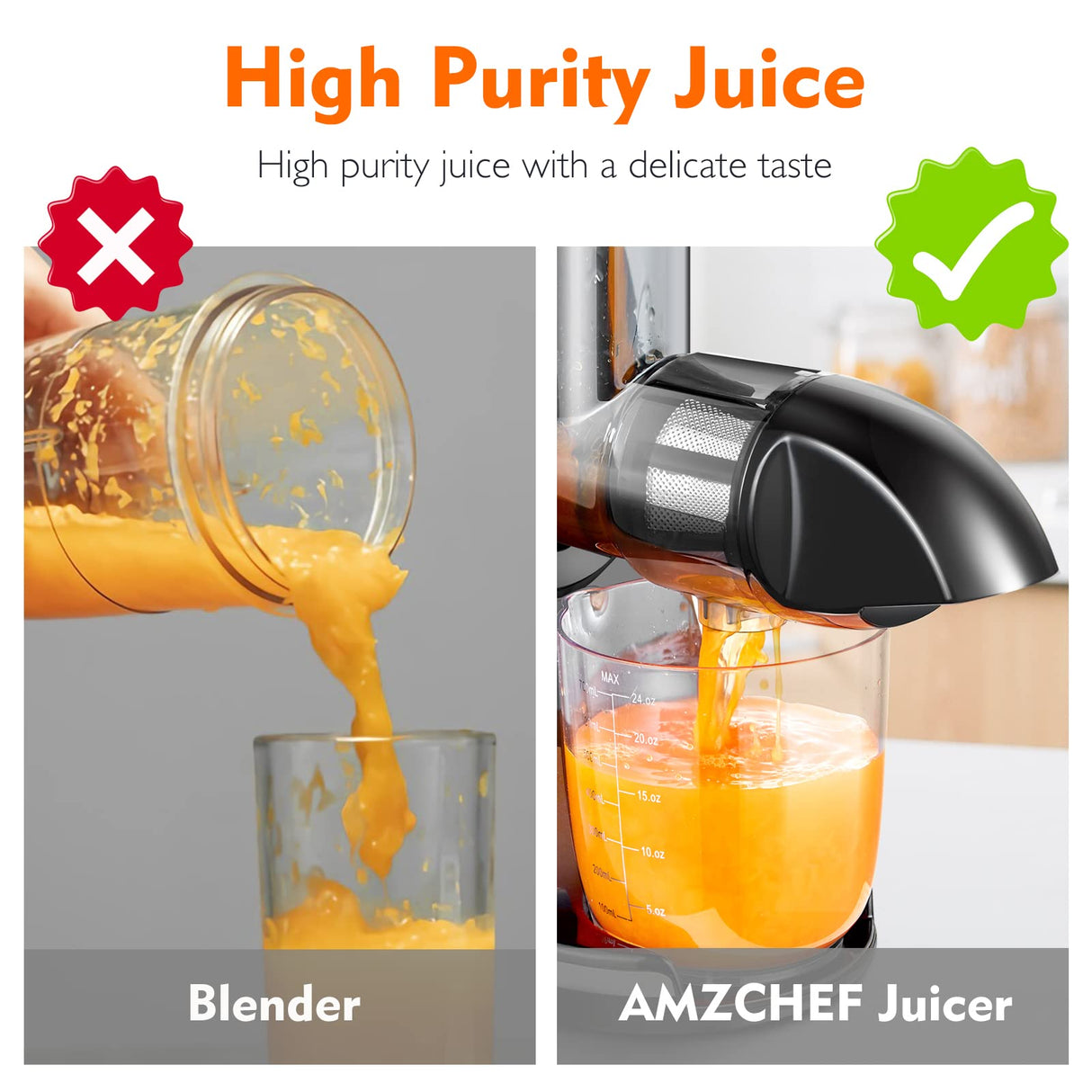 Masticating Juicer Machines, AMZCHEF Slow Cold Press Juicer with Reverse Function, High Juice Yield, Easy Clean with Brush,Recipes for High Nutrient Fruits and Vegetables, Gray(Updated)