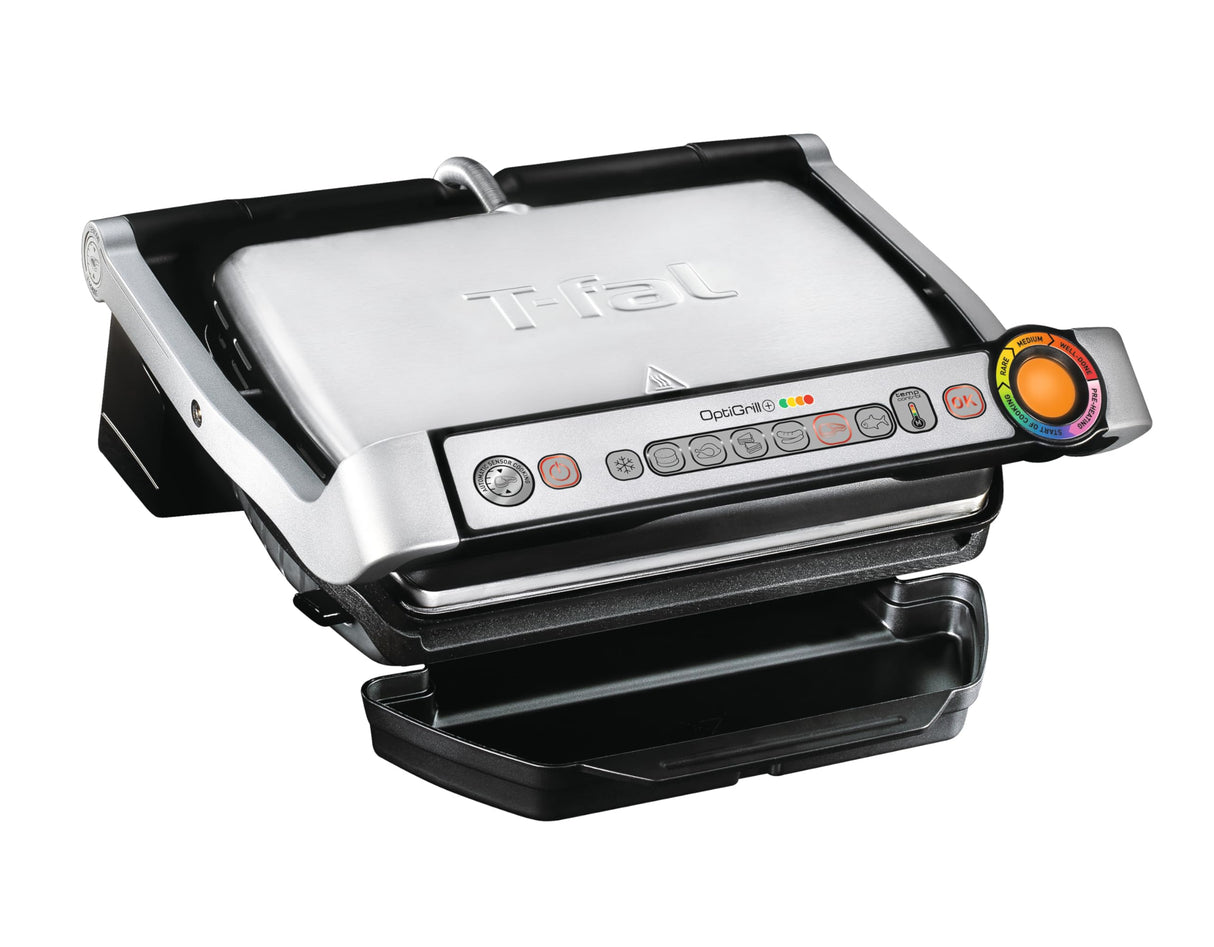 T-fal OptiGrill Stainless Steel Electric Grill 4 Servings 6 Automatic Cooking Modes, Intelligent grilling rare to well-done 1800 Watts Nonstick Removable Plates, Dishwasher Safe, Indoor, Silver
