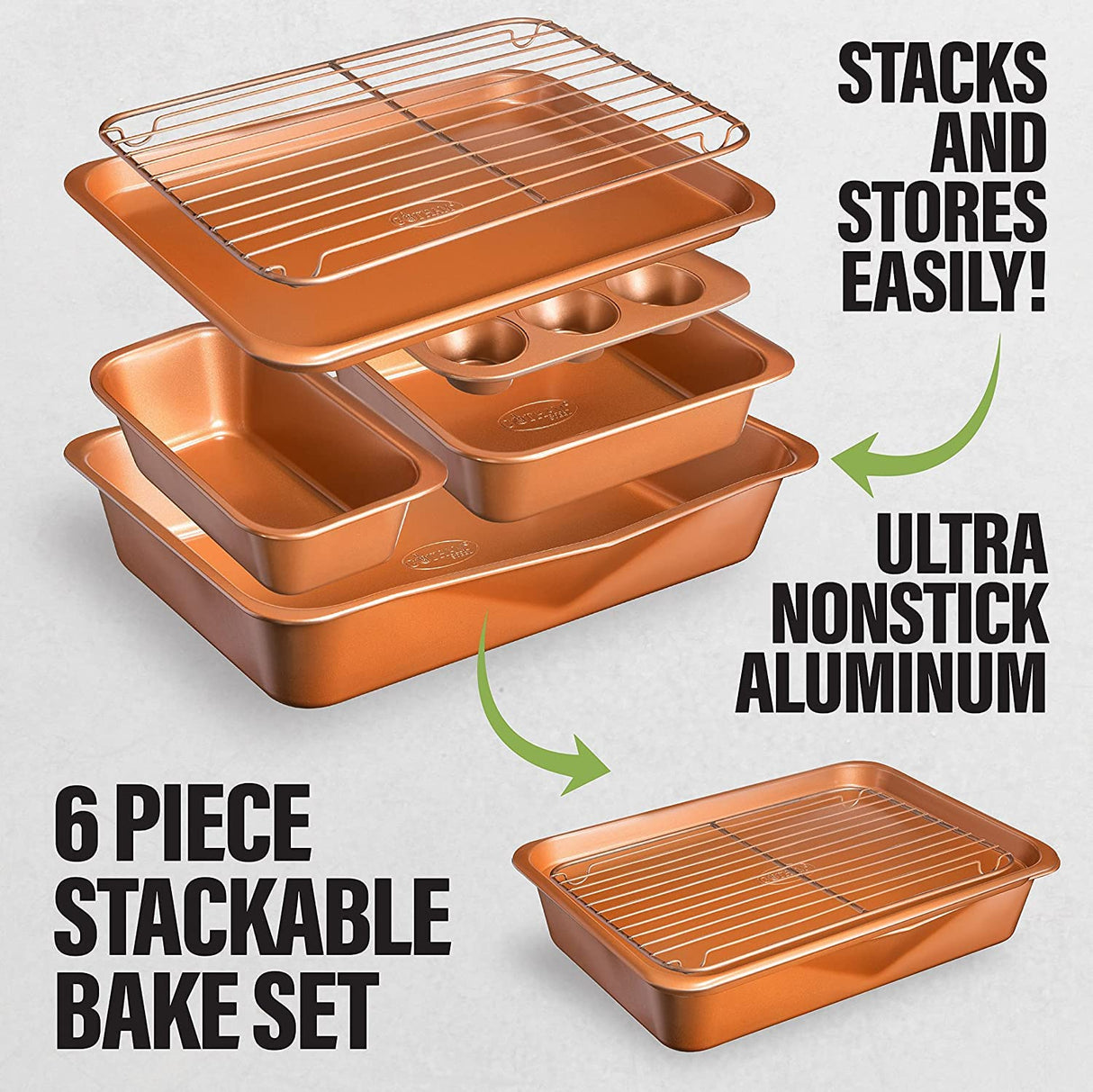 Gotham Steel 6 Pc Stackable Bakeware Set/Baking Pans Set Nonstick with Oven Pans + Baking Sheet Set and Wire Rack, Complete Baking Set for Kitchen, Oven/Dishwasher Safe, 100% Non Toxic…