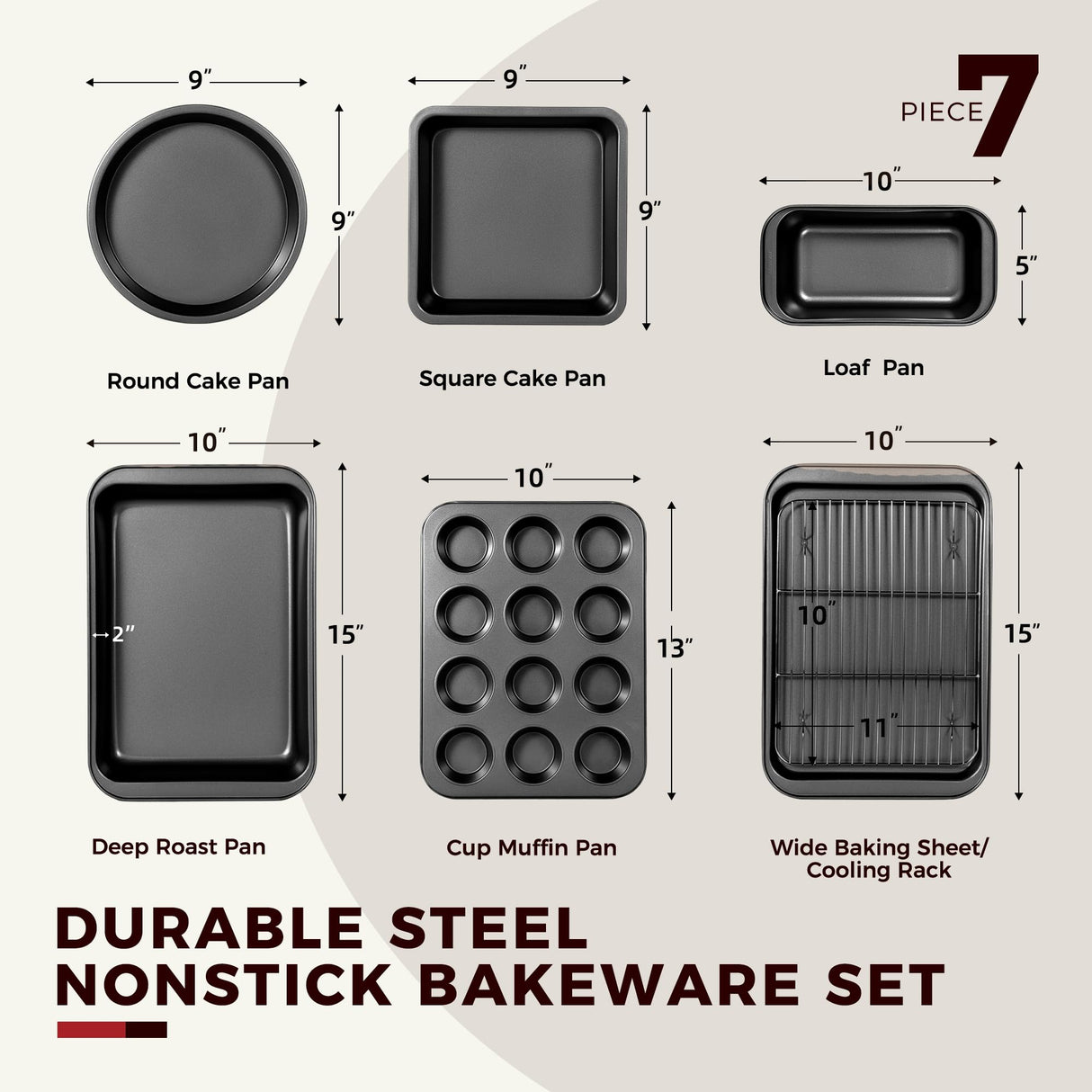KITESSENSU Baking Pans Sets, Nonstick Bakeware Sets 7-Piece with Round/Square Cake Pan, Loaf Pan, Muffin Pan, Cookie Sheet, Roast Pan, Cooling Rack, Carbon Steel Bake Set