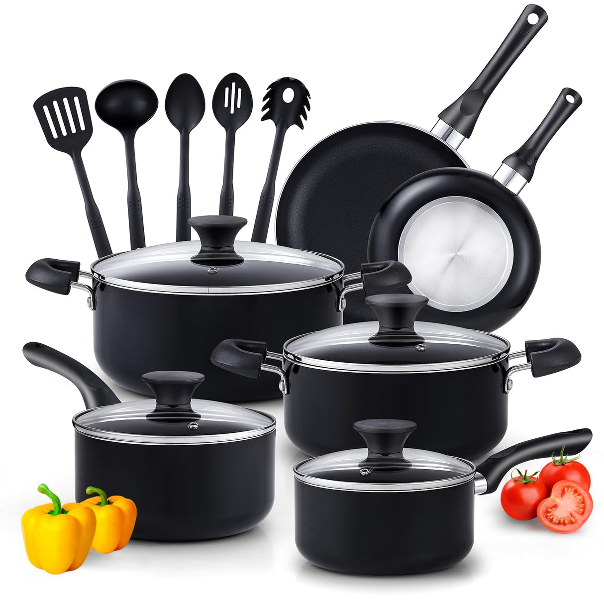 Cook N Home Basics Pots and Pans Cooking, 15-Piece Nonstick Cookware Set, Black