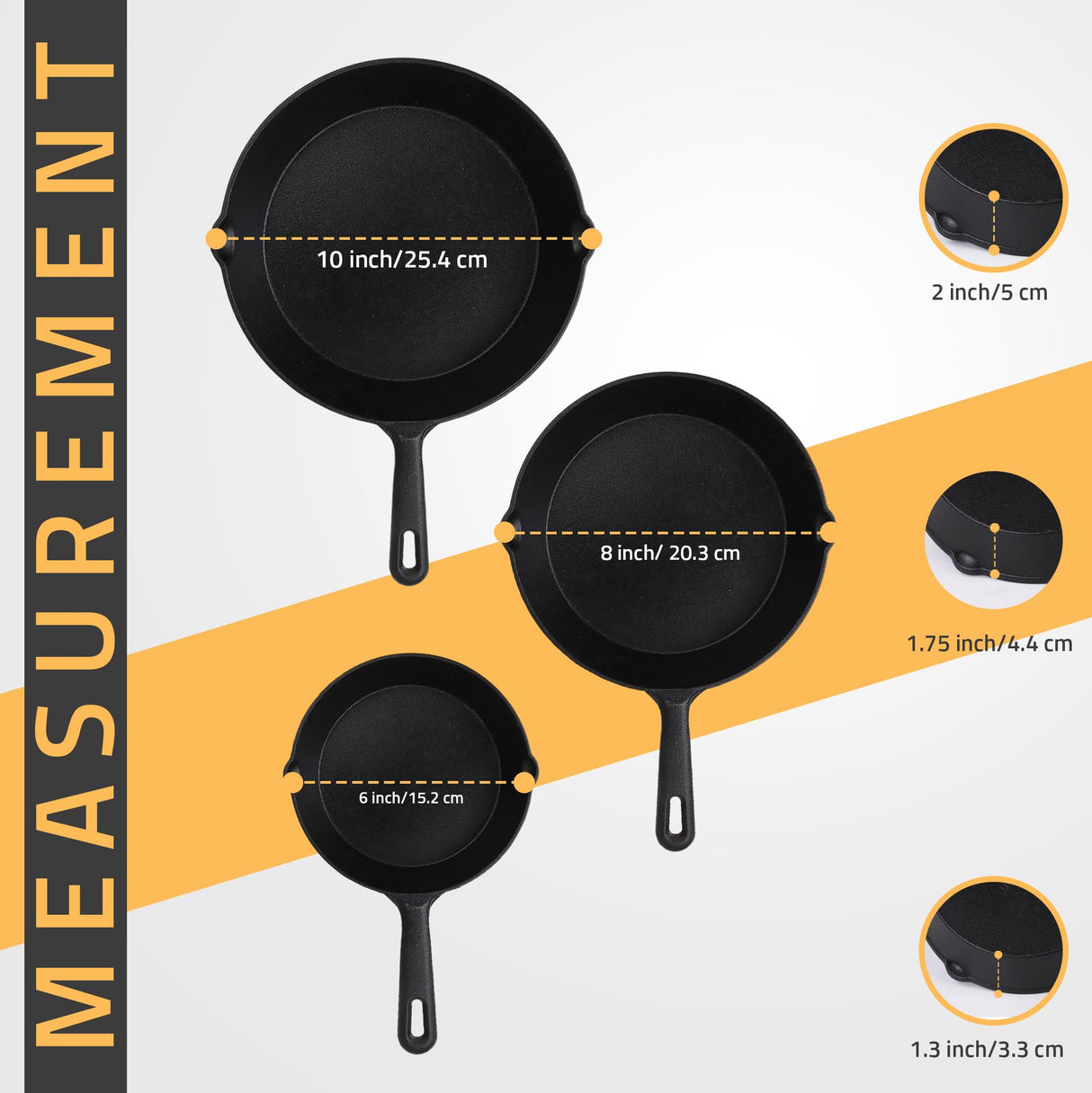 Utopia Kitchen Saute Fry Pan - Pre-Seasoned Cast Iron Skillet Set 3-Piece - Frying Pan - 6 Inch, 8 Inch and 10 Inch Cast Iron Set (Black)