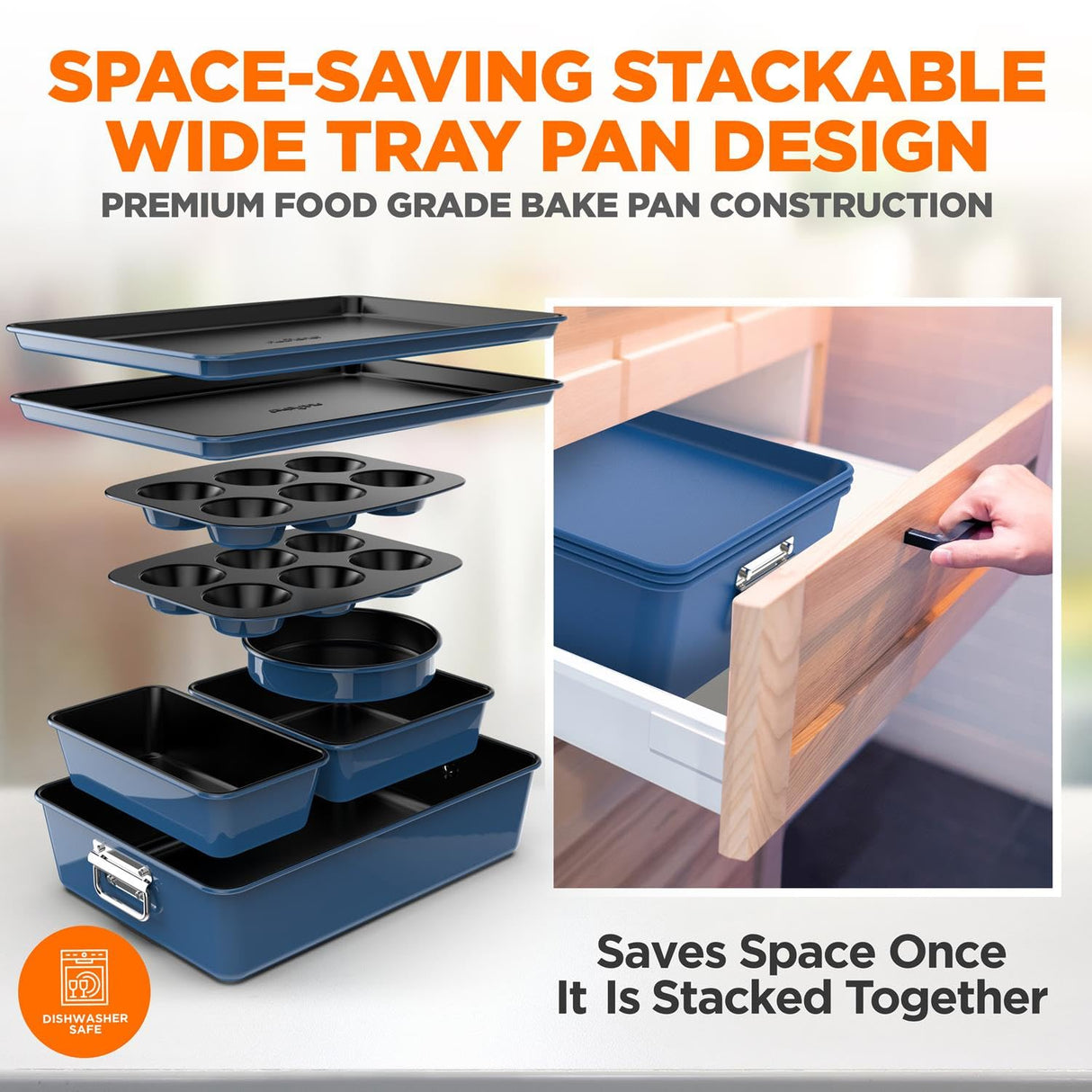NutriChef 8-Piece Nonstick Stackable Bakeware Set - PFOA, PFOS, PTFE Free Baking Tray Set w/Non-Stick Coating, 450°F Oven Safe, Round Cake, Loaf, Muffin, Wide/Square Pans, Cookie Sheet (Blue)