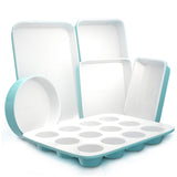 NutriChef 6-Piece Baking Pan Set, Carbon Steel Bakeware with Premium Ceramic Nonstick Coating, Includes 12-Cup Muffin Pan, Cake & Loaf Pan, Wide Bake Pan, & Cookie Sheet - Turquoise