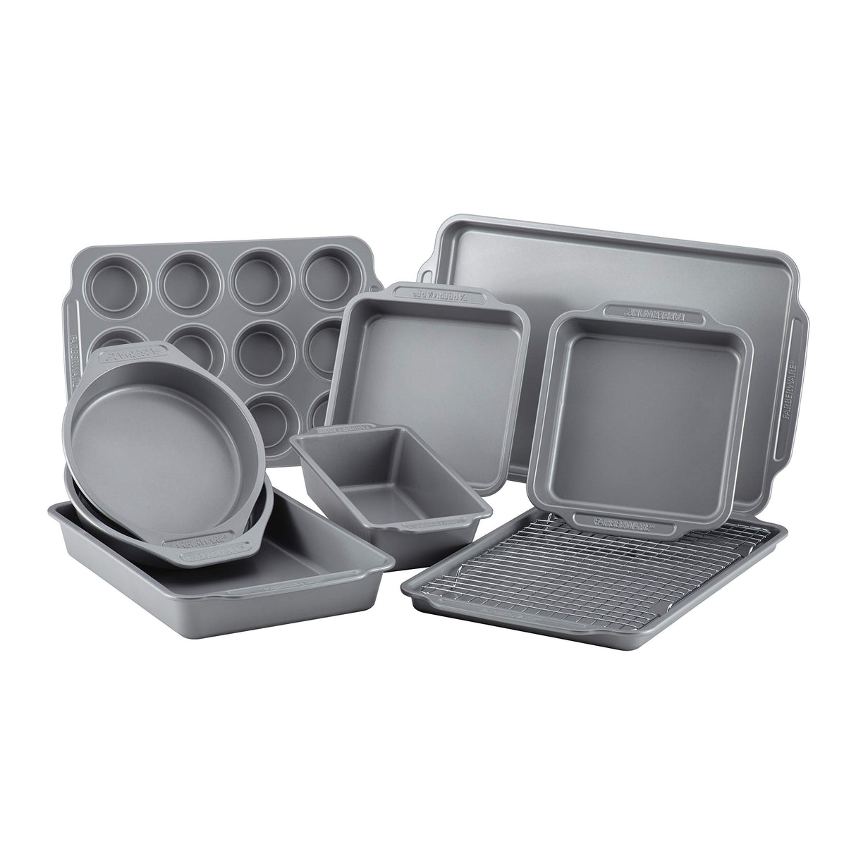 Farberware Nonstick Steel Bakeware Set with Cooling Rack, Baking Pan and Cookie Sheet Set with Nonstick Bread Pan and Cooling Grid, 10-Piece Set, Gray