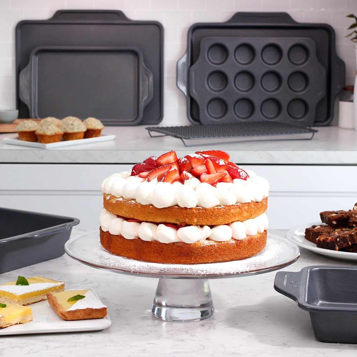All-Clad Pro-Release Nonstick Bakeware Set 10 Piece Oven Safe 450F Half Sheet, Cookie Sheet, Muffin Pan, Cooling & Baking Rack, Round Cake Pan, Loaf Pan, Baking Pan Grey