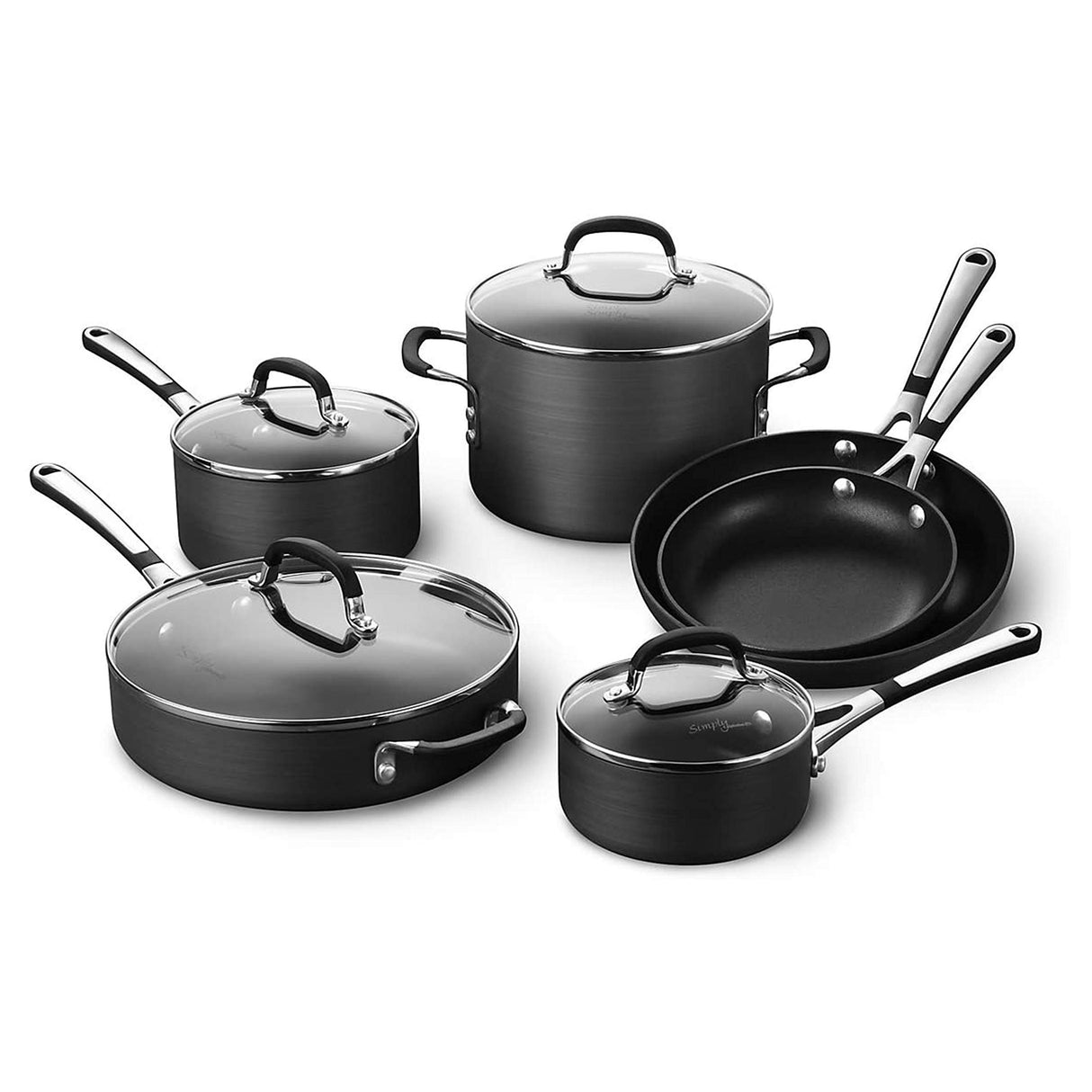 Calphalon 10-Piece Non-Stick Kitchen Cookware Set, Black Pots & Pans with Stay-Cool Stainless Steel Handles, Hard-Anodized Aluminum for Even Heating