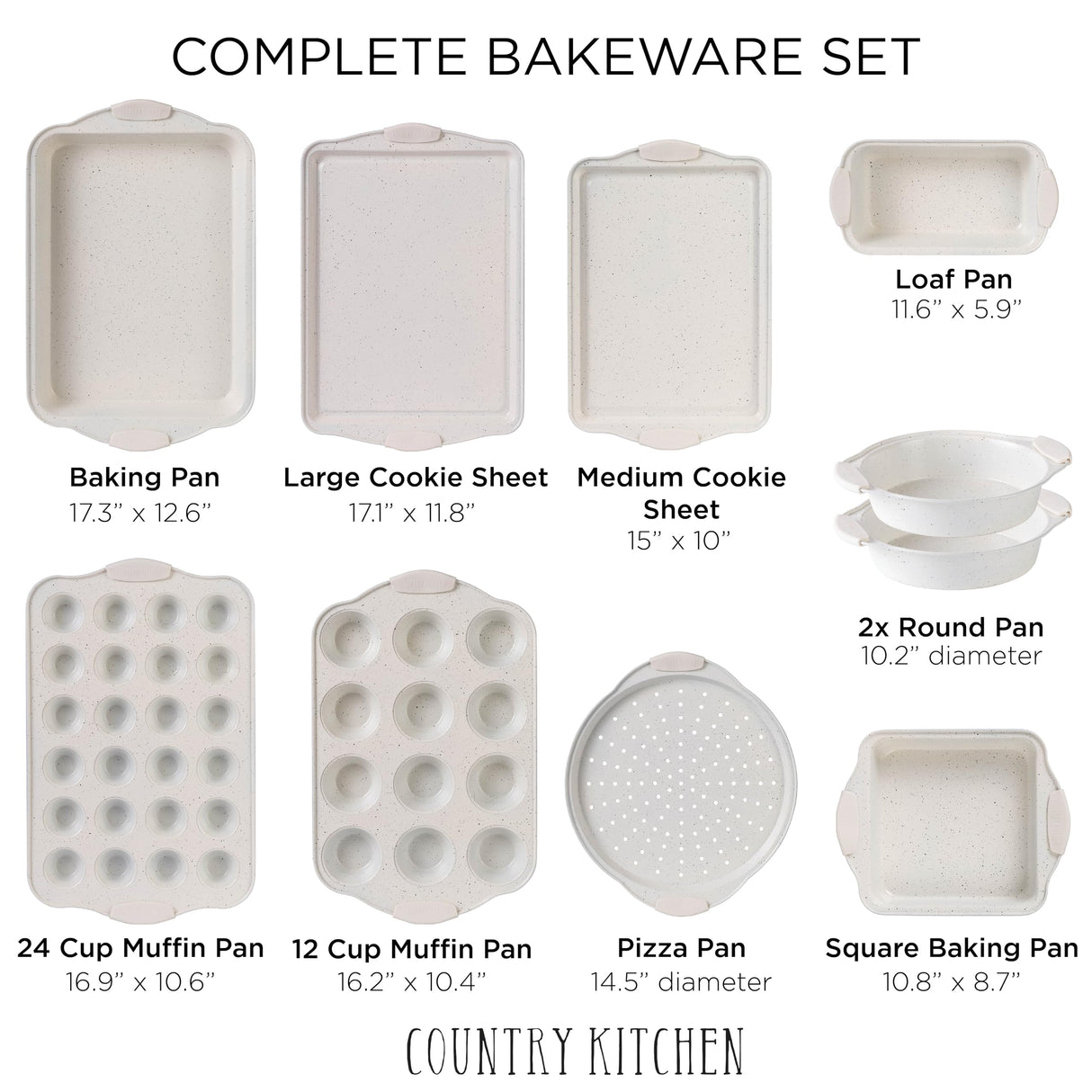 Country Kitchen 10-Piece Nonstick Stackable Bakeware Set - PFOA, PFOS, PTFE Free Baking Tray Set w/Non-Stick Coating, 450°F Oven Safe, Round Cake, Loaf, Muffin, Wide/Square Pans, Cookie Sheet (Cream)