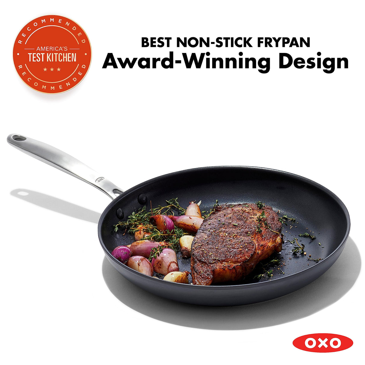 OXO Good Grips Pro 10" Frying Pan Skillet, 3-Layered German Engineered Nonstick Coating, Stainless Steel Handle, Dishwasher Safe, Oven Safe, Black