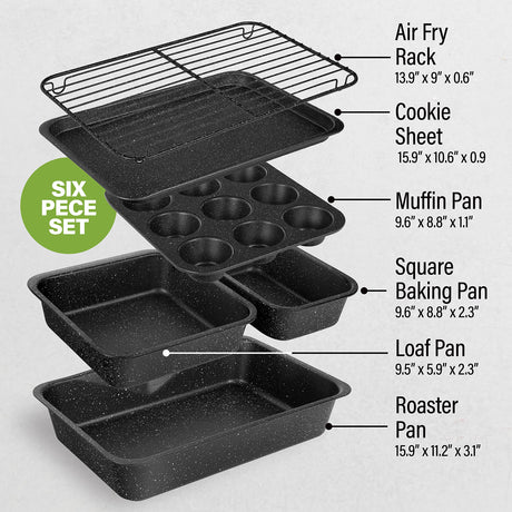 Granitestone Black 6 Pc Stackable Nonstick Bakeware Set With Oven Pans, Baking Sheet, Wire Rack - Complete Kitchen Baking Set, Oven/Dishwasher Safe, 100% Non Toxic…
